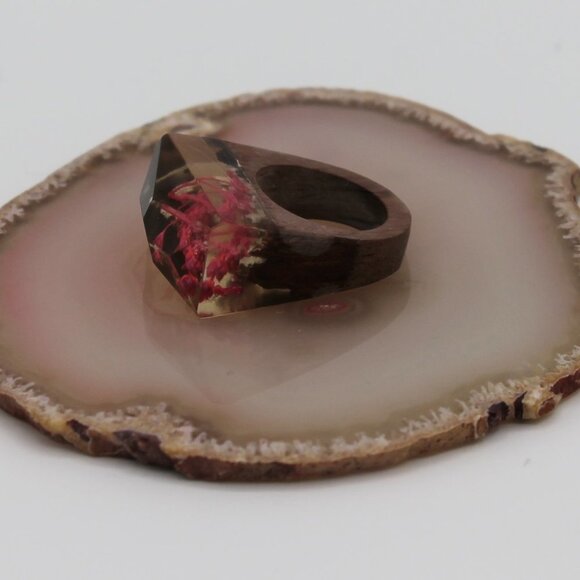 Jewelry ring statement wood wooden pink flower nature size 7 fashion new - Picture 5 of 7